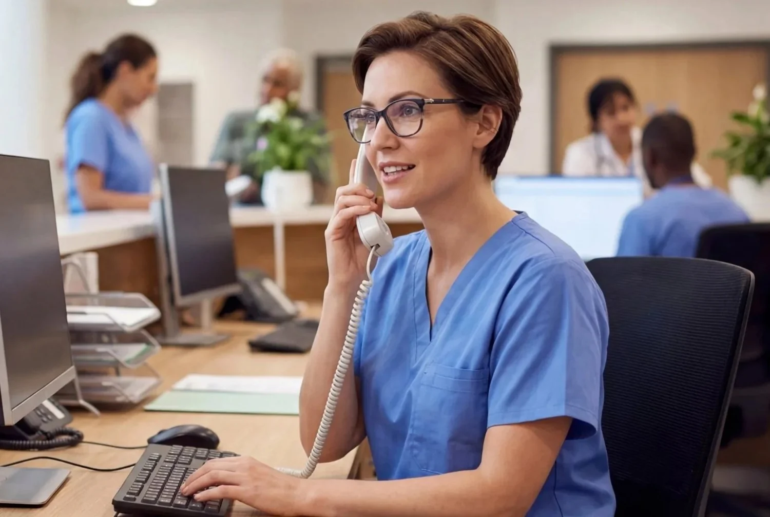 Healthcare receptionist supporting a patient by phone